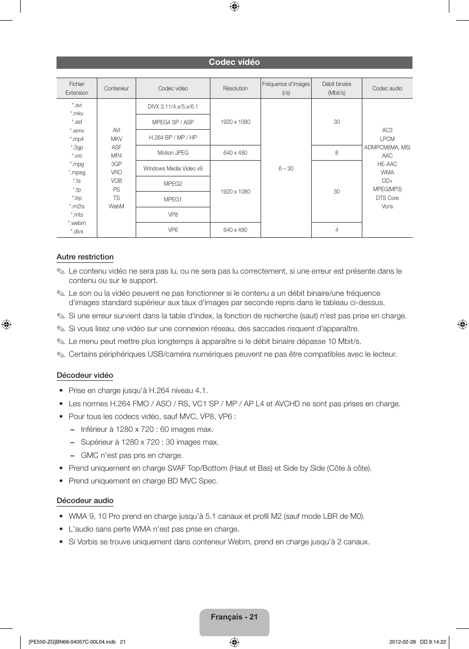 Codec vidéo | Samsung PS51E550D1W User Manual | Page 64 / 87