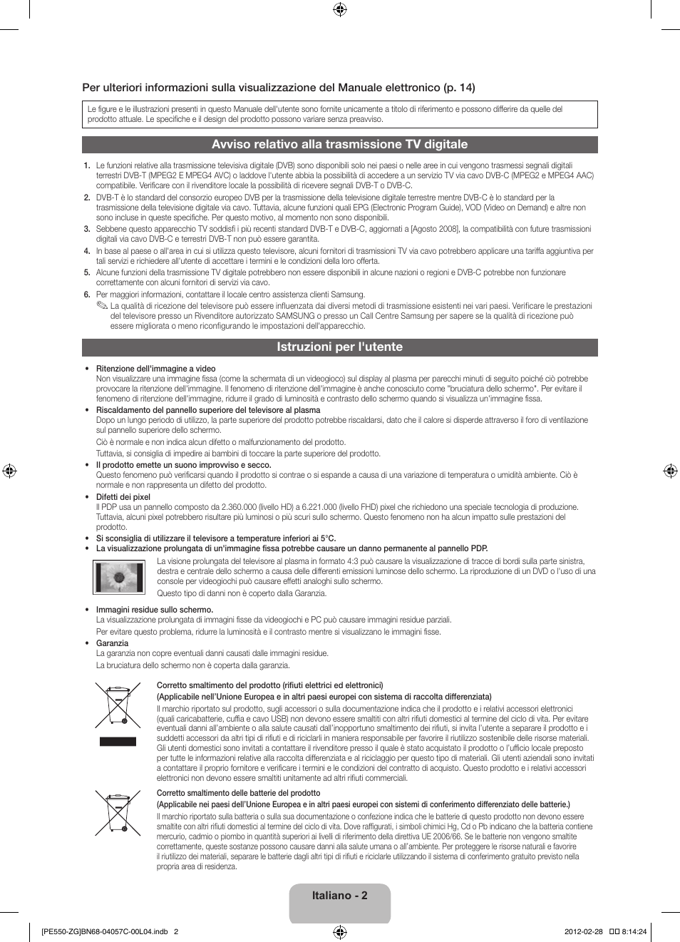 Avviso relativo alla trasmissione tv digitale, Istruzioni per l'utente | Samsung PS51E550D1W User Manual | Page 67 / 87