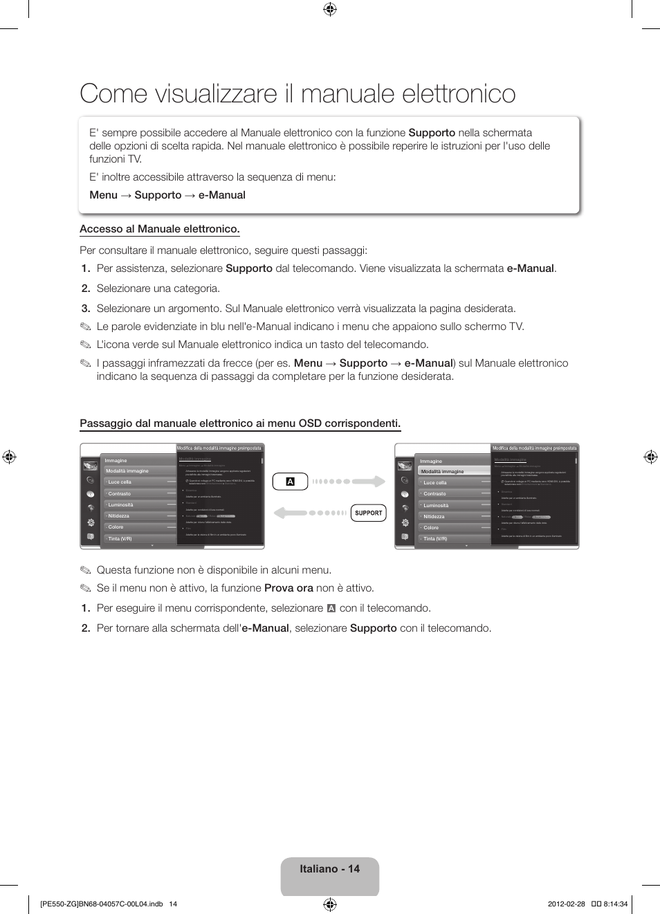 Come visualizzare il manuale elettronico, Italiano - 14, Questa funzione non è disponibile in alcuni menu | Samsung PS51E550D1W User Manual | Page 79 / 87