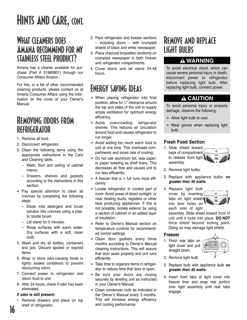 Hints and care, Removing odors from refrigerator, Energy saving ideas | Remove and replace light bulbs, Cont, Caution, Warning | Amana Bottom-Freezer Refrigerator User Manual | Page 16 / 72