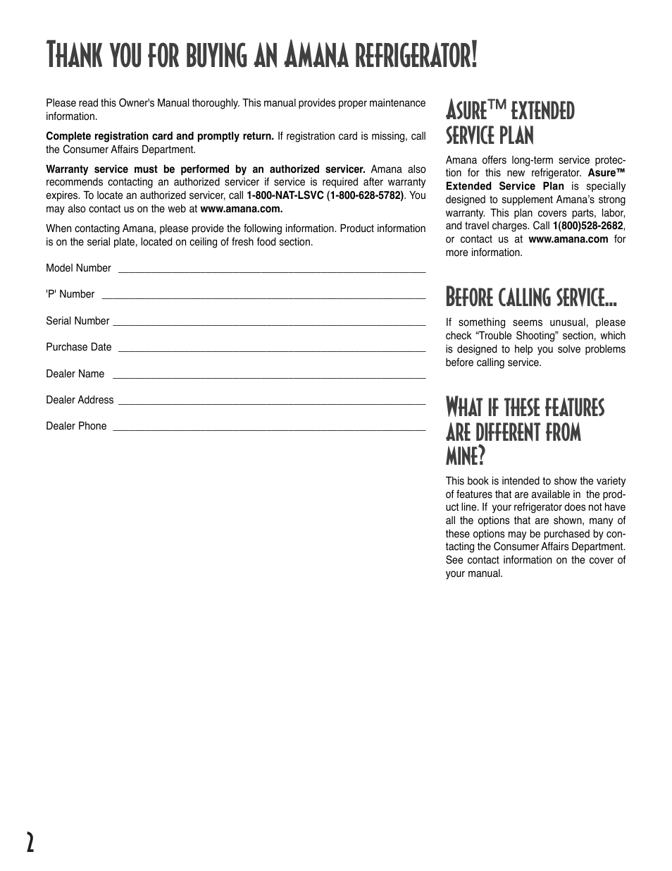 Asure™ extended service plan, Before calling service, What if these features are different from mine | Amana Bottom-Freezer Refrigerator User Manual | Page 2 / 72