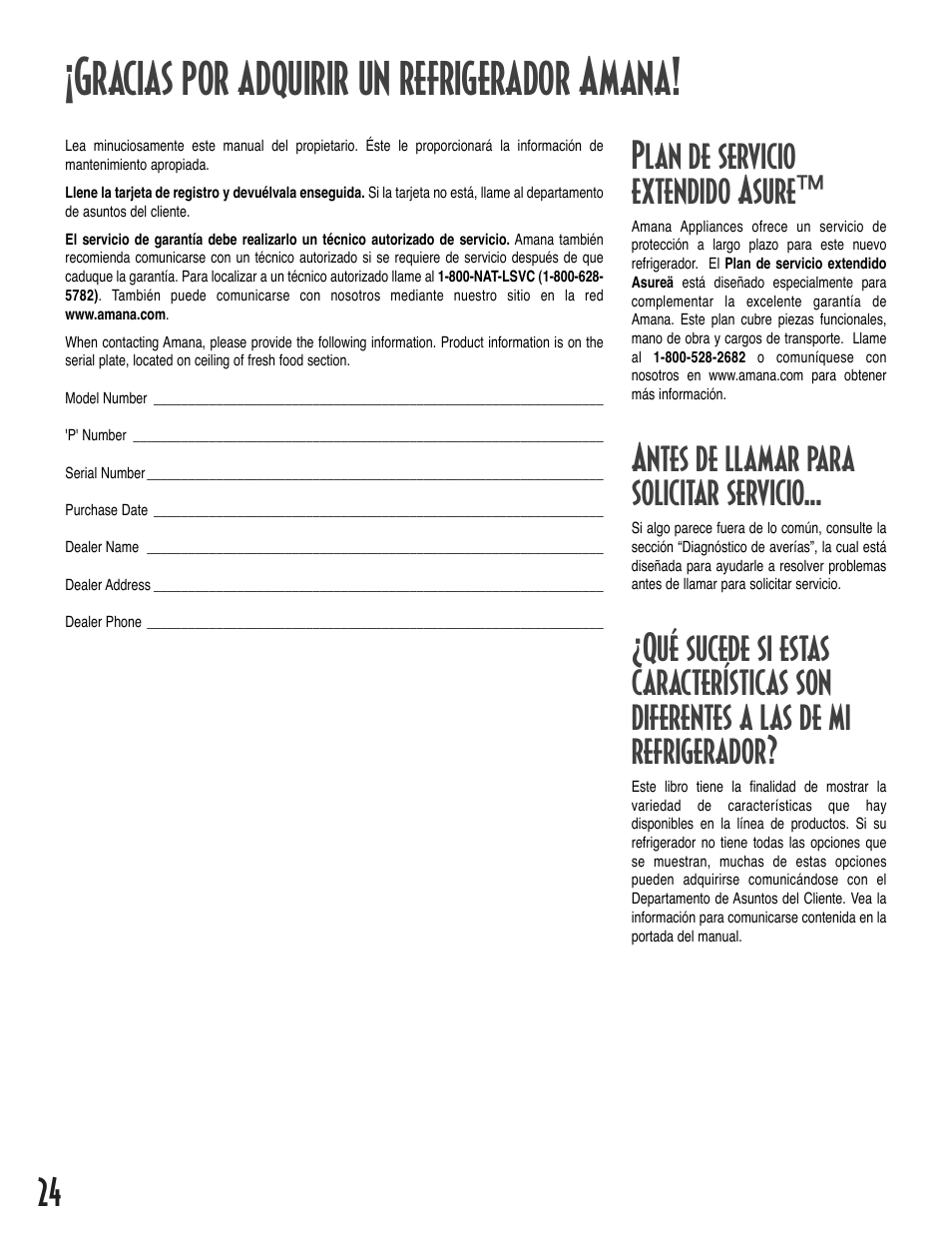 Gracias por adquirir un refrigerador amana, Plan de servicio extendido asure, Antes de llamar para solicitar servicio | Amana Bottom-Freezer Refrigerator User Manual | Page 24 / 72