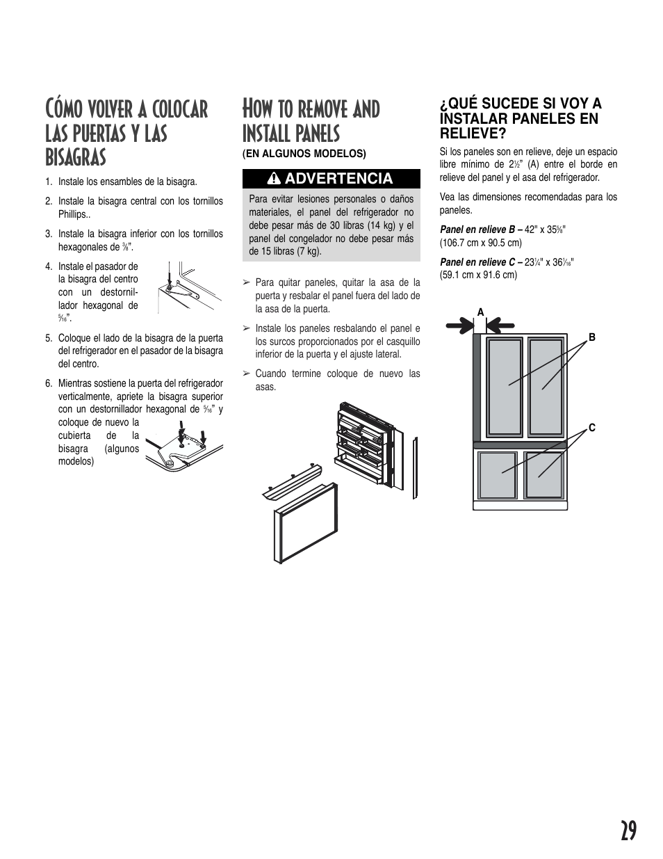 How to remove and install panels, Qué sucede si voy a instalar paneles en relieve, Advertencia | Amana Bottom-Freezer Refrigerator User Manual | Page 29 / 72