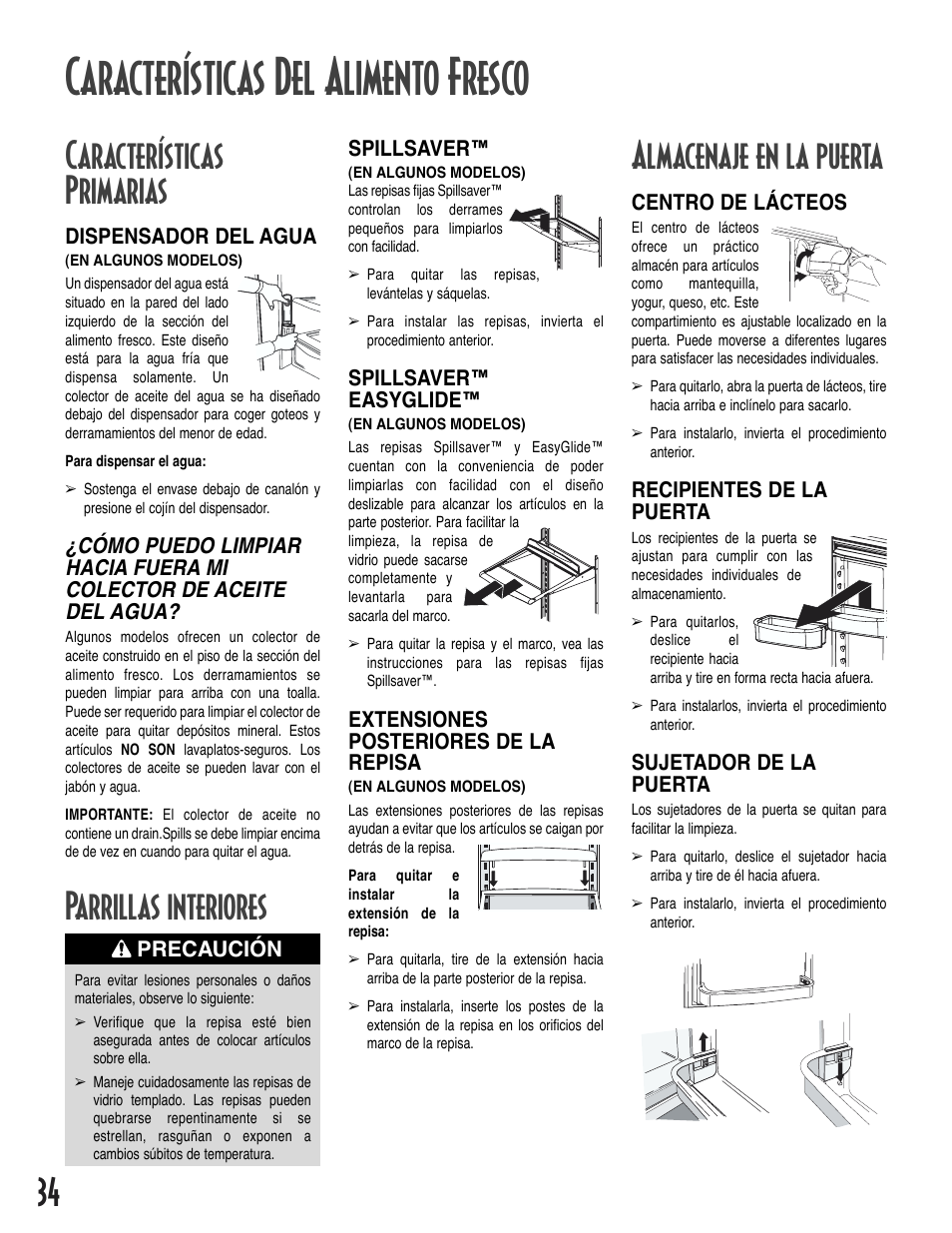 Características del alimento fresco, Características primarias, Parrillas interiores | Almacenaje en la puerta | Amana Bottom-Freezer Refrigerator User Manual | Page 34 / 72