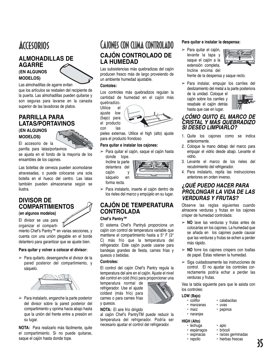 35 cajones con clima controlado, Accesorios, Cajón controlado de la humedad | Cajón de temperatura controlada, Almohadillas de agarre, Parrilla para latas/portavinos, Divisor de compartimientos | Amana Bottom-Freezer Refrigerator User Manual | Page 35 / 72