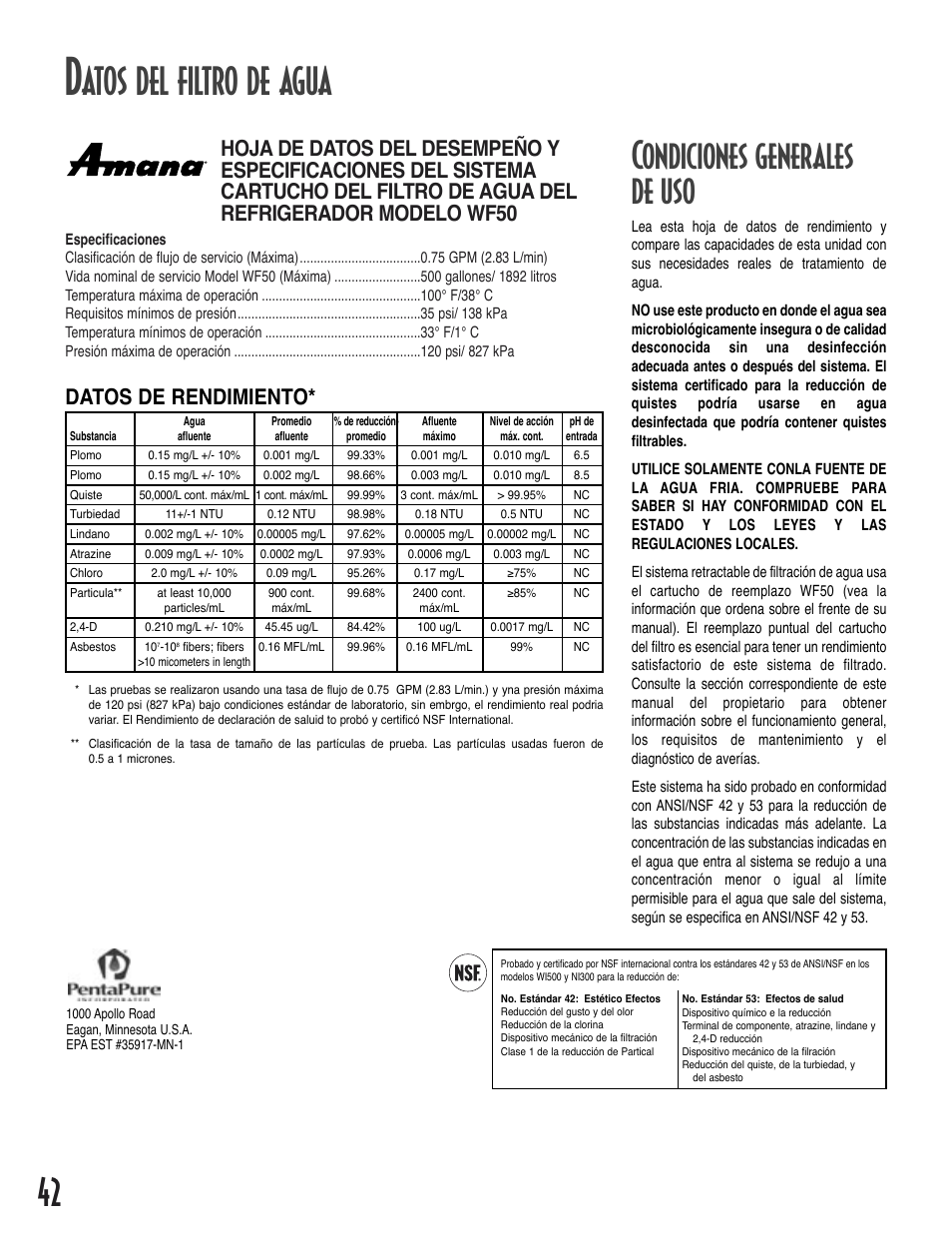 Datos de rendimiento | Amana Bottom-Freezer Refrigerator User Manual | Page 42 / 72