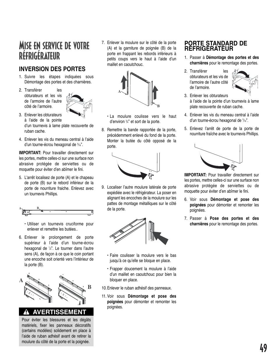49 mise en service de votre réfrigérateur, Inversion des portes, Porte standard de réfrigérateur | Avertissement | Amana Bottom-Freezer Refrigerator User Manual | Page 49 / 72