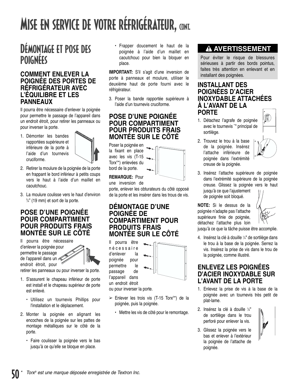 Mise en service de votre réfrigérateur, Démontage et pose des poignées, Cont | Amana Bottom-Freezer Refrigerator User Manual | Page 50 / 72