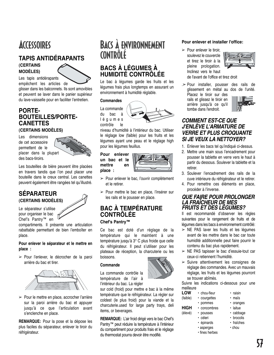 57 bacs à environnement contrôlé, Accessoires, Bacs à légumes à humidité contrôlée | Bac à température contrôlée, Tapis antidérapants, Porte- bouteilles/porte- canettes, Séparateur | Amana Bottom-Freezer Refrigerator User Manual | Page 57 / 72