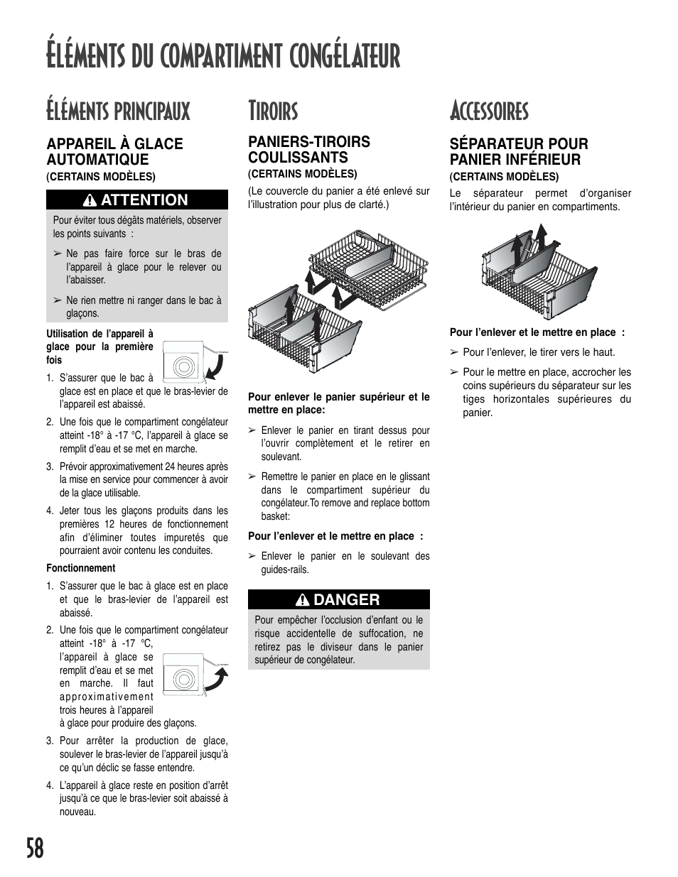 Éléments du compartiment congélateur, Éléments principaux, Tiroirs | Accessoires | Amana Bottom-Freezer Refrigerator User Manual | Page 58 / 72