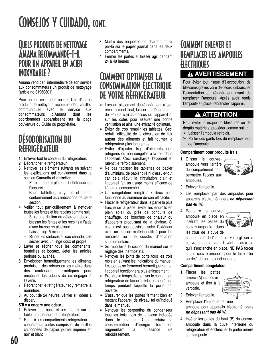 Consejos y cuidado, Désodorisation du réfrigérateur, Cont | Attention, Avertissement | Amana Bottom-Freezer Refrigerator User Manual | Page 60 / 72