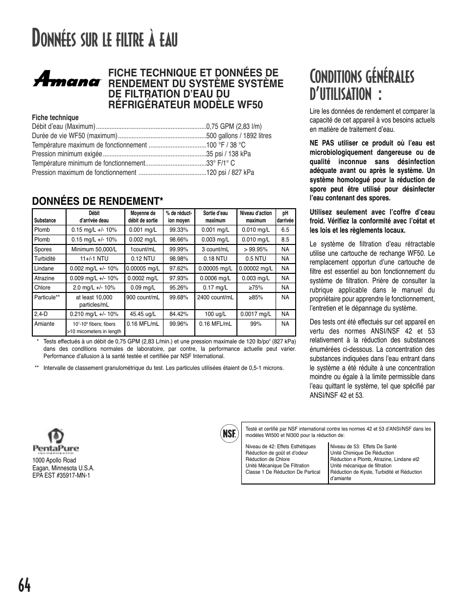 Données de rendement | Amana Bottom-Freezer Refrigerator User Manual | Page 64 / 72