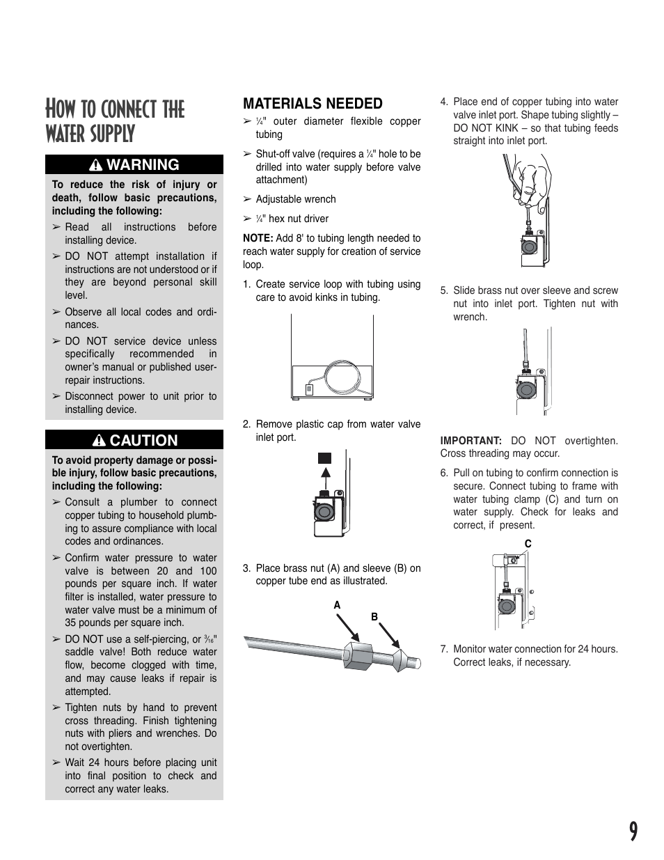 9how to connect the water supply, Warning, Caution materials needed | Amana Bottom-Freezer Refrigerator User Manual | Page 9 / 72