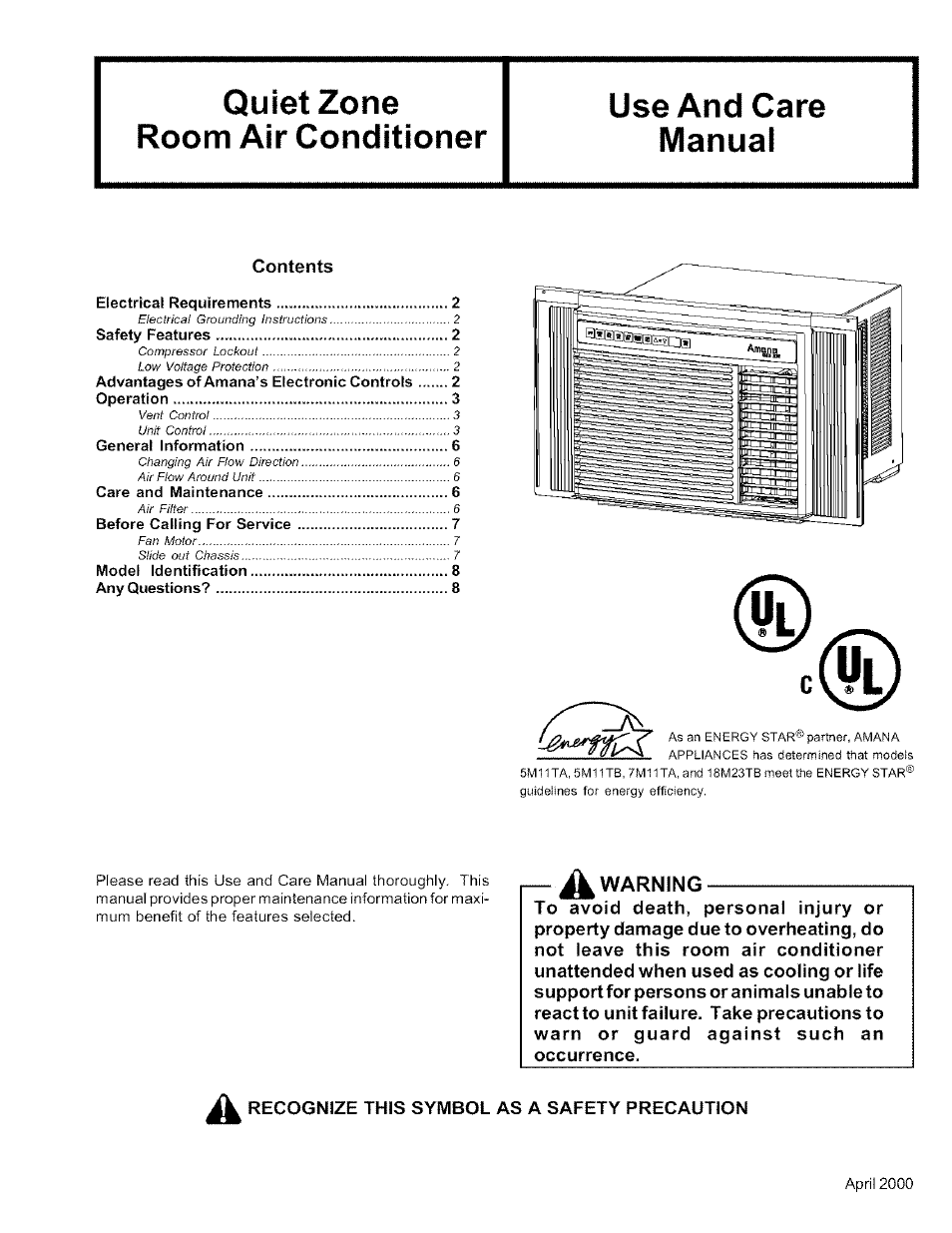 Amana Quiet Zone 7M11TA User Manual | 8 pages