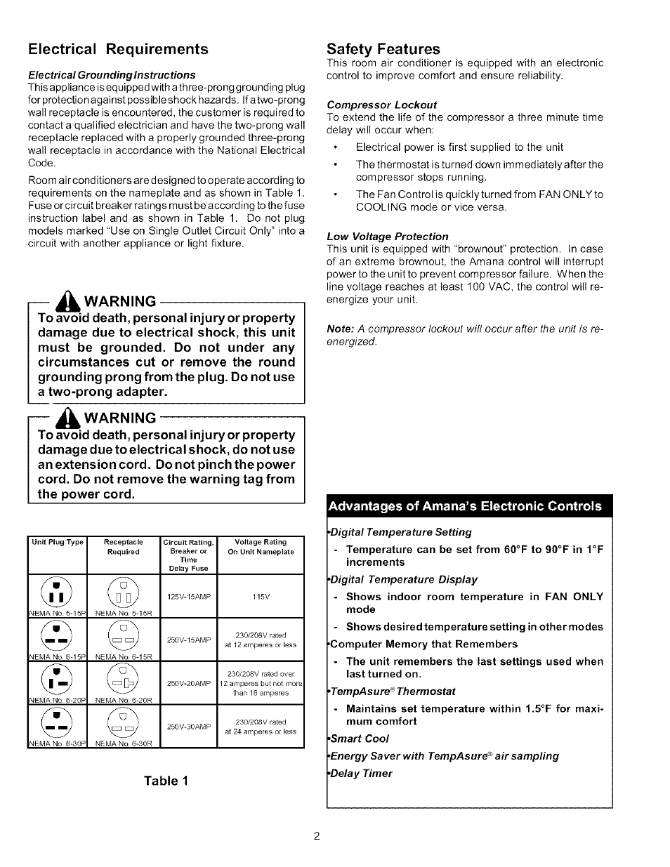Electrical requirements, Warning, Safety features | Table 1 advantages of amana’s electronic controls | Amana Quiet Zone 7M11TA User Manual | Page 2 / 8