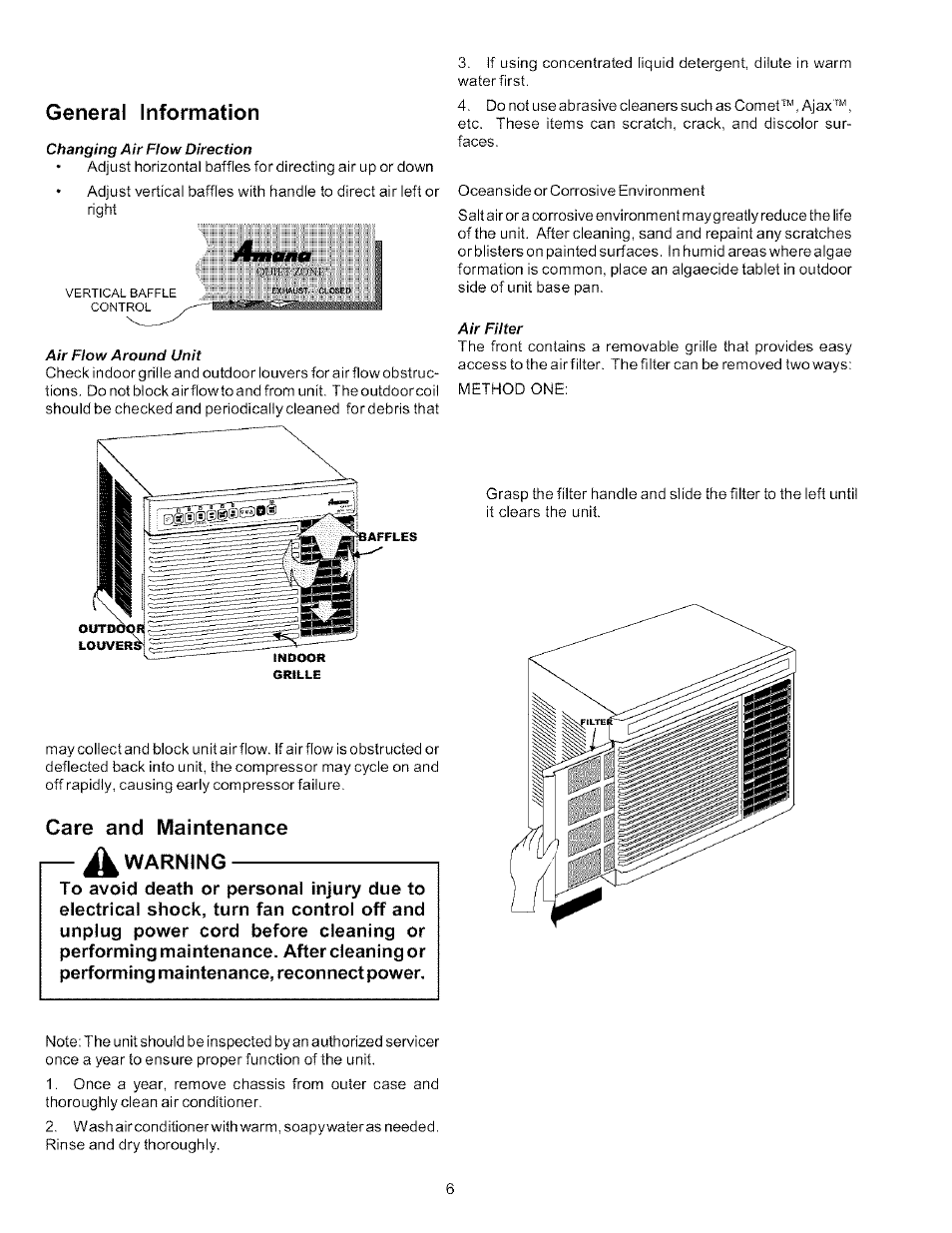 General information, Care and maintenance warning | Amana Quiet Zone 7M11TA User Manual | Page 6 / 8