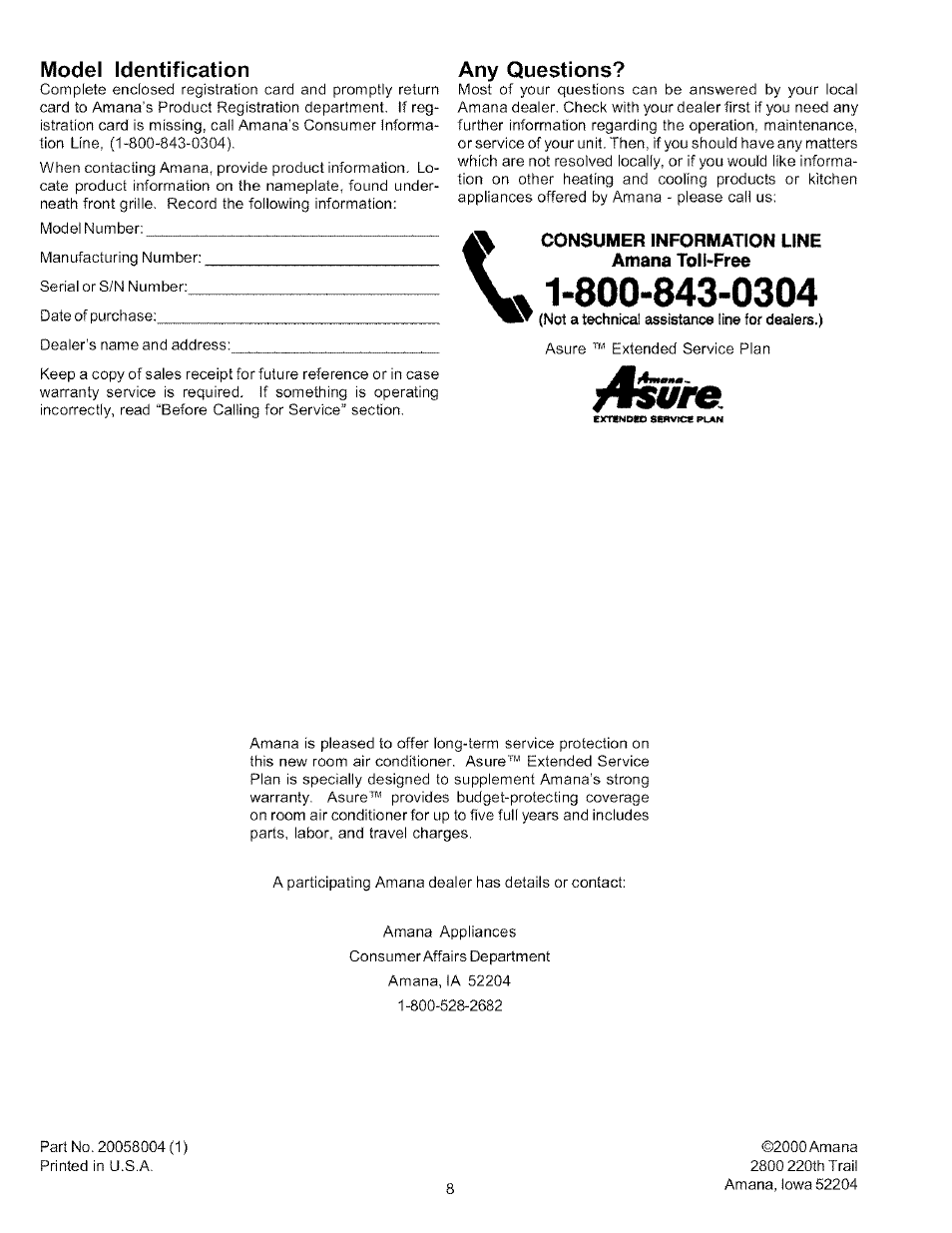 Model identification, Any questions | Amana Quiet Zone 7M11TA User Manual | Page 8 / 8