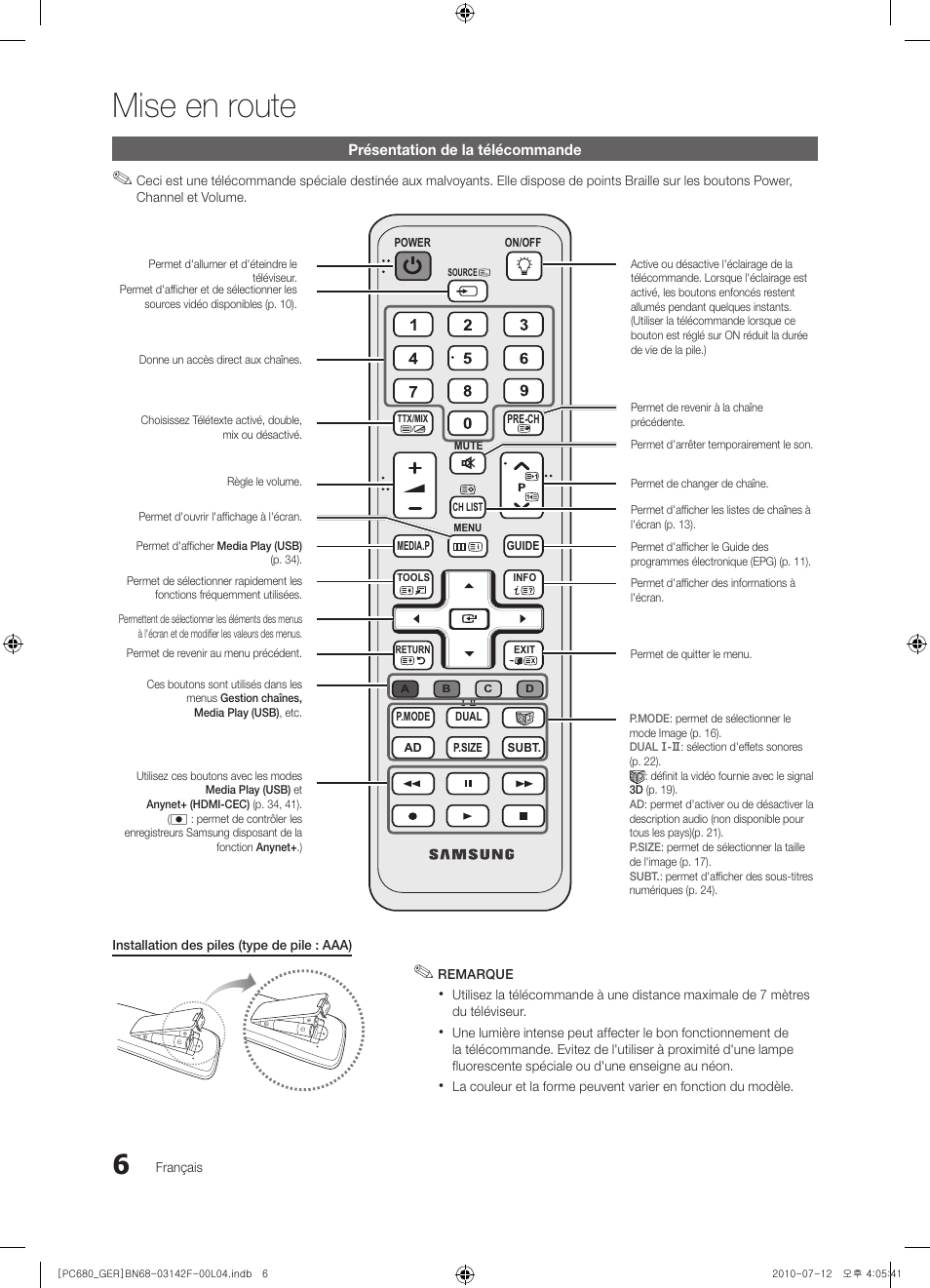 Mise en route | Samsung PS50C687G5S User Manual | Page 114 / 216