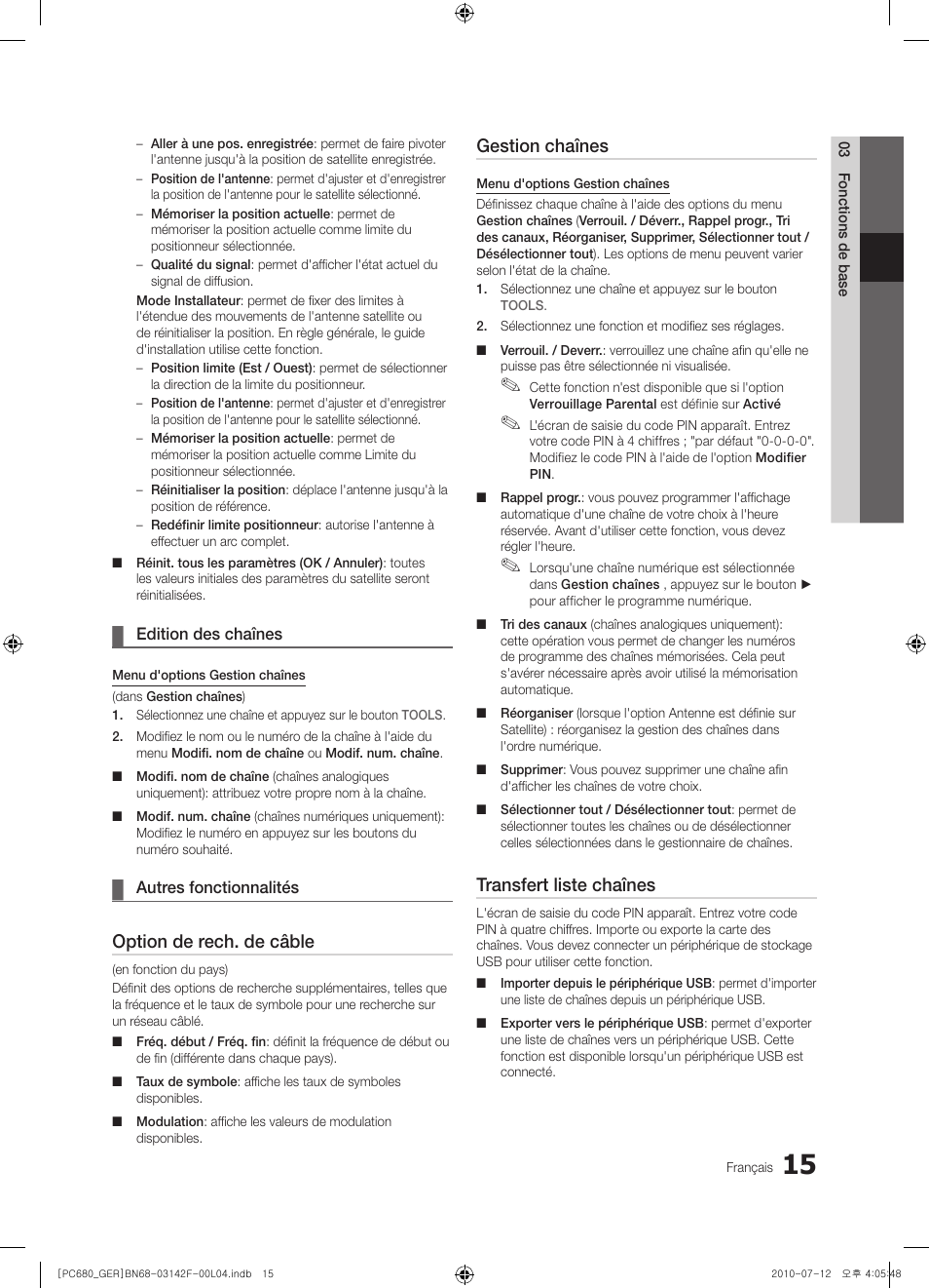Option de rech. de câble, Gestion chaînes, Transfert liste chaînes | Samsung PS50C687G5S User Manual | Page 123 / 216