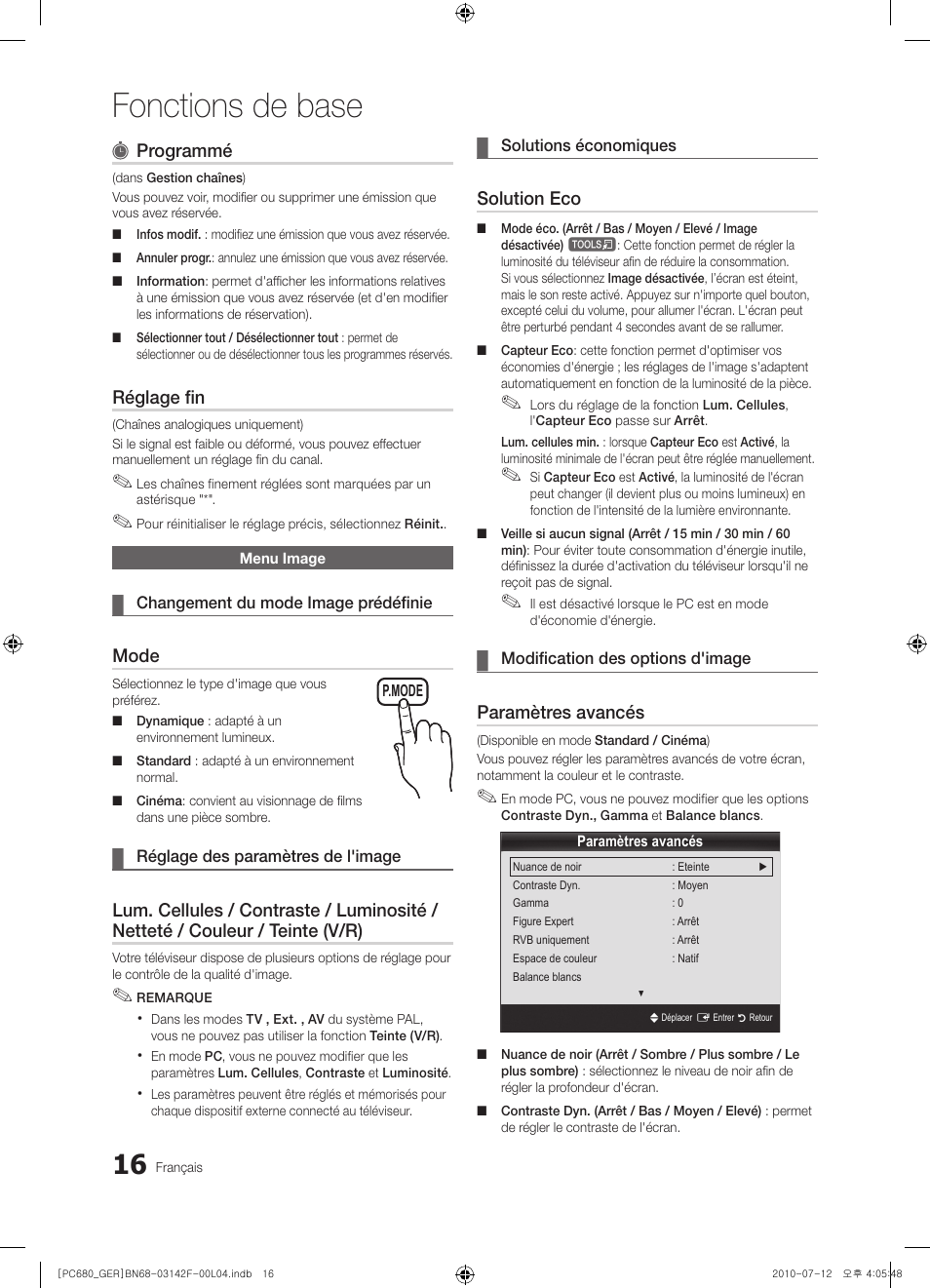 Fonctions de base, Programmé, Réglage fin | Mode, Solution eco, Paramètres avancés | Samsung PS50C687G5S User Manual | Page 124 / 216