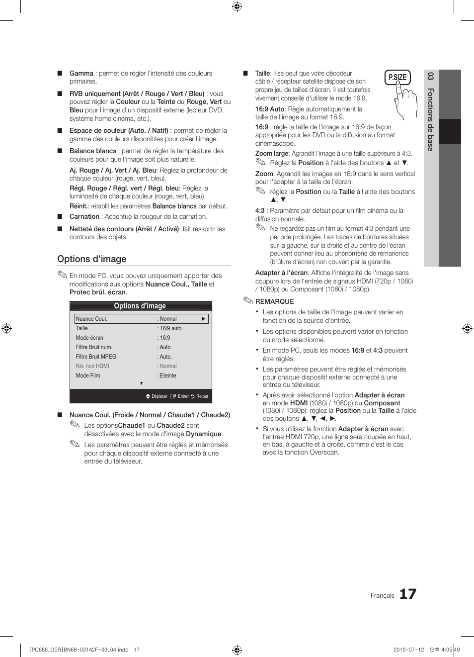 Options d'image | Samsung PS50C687G5S User Manual | Page 125 / 216