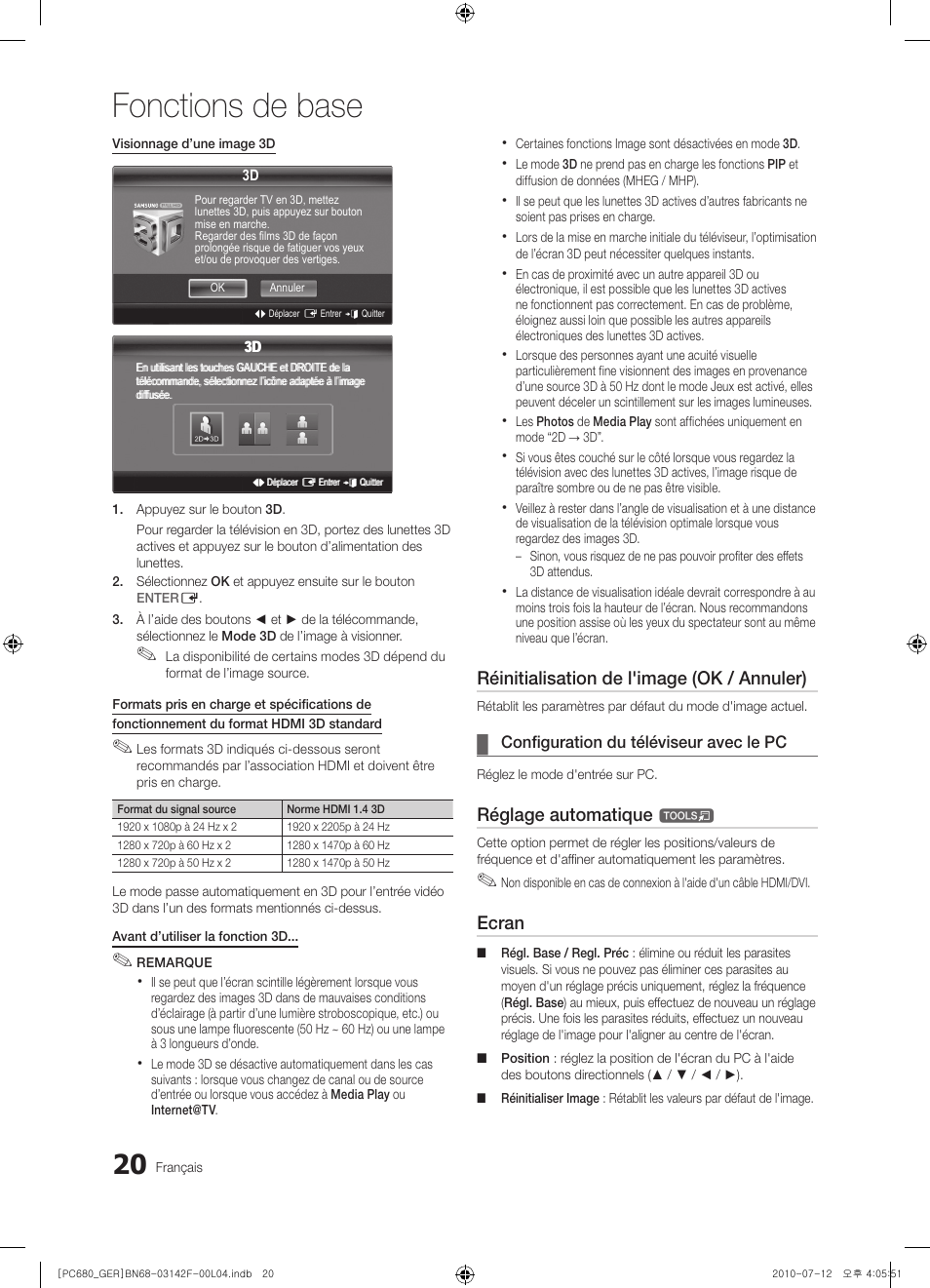 Fonctions de base, Réinitialisation de l'image (ok / annuler), Réglage automatique | Ecran | Samsung PS50C687G5S User Manual | Page 128 / 216