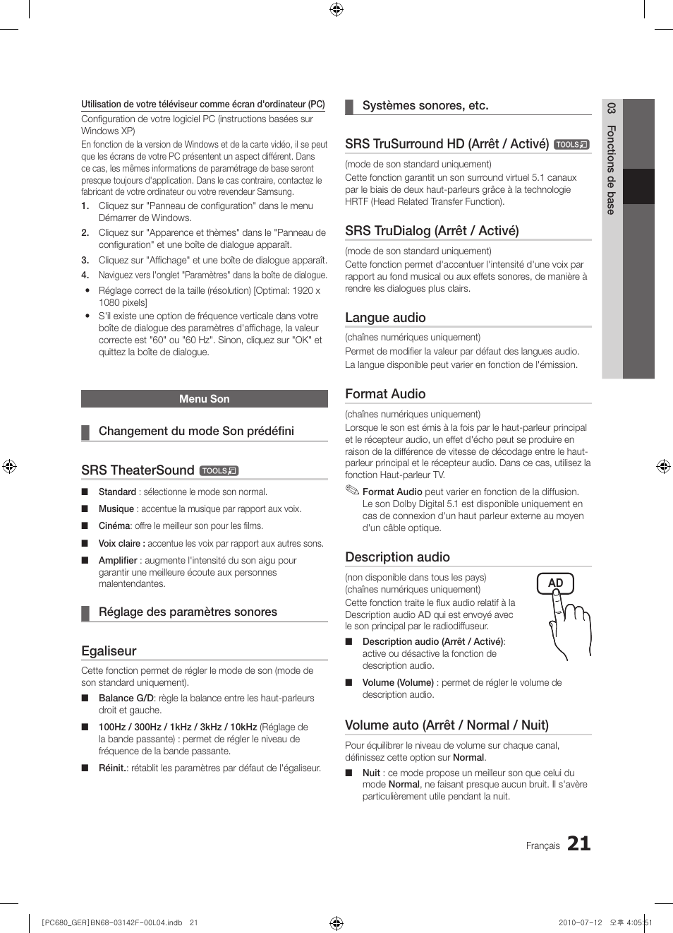Srs theatersound, Egaliseur, Srs trusurround hd (arrêt / activé) | Srs trudialog (arrêt / activé), Langue audio, Format audio, Description audio, Volume auto (arrêt / normal / nuit) | Samsung PS50C687G5S User Manual | Page 129 / 216