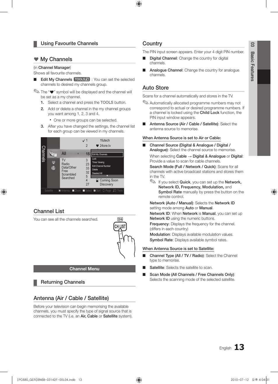 My channels, Channel list, Antenna (air / cable / satellite) | Country, Auto store | Samsung PS50C687G5S User Manual | Page 13 / 216