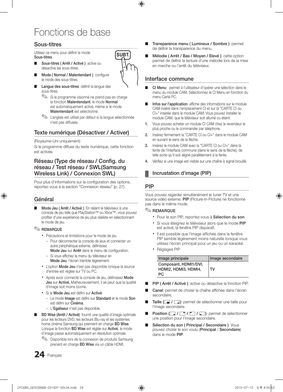 Fonctions de base, Sous-titres, Texte numérique (désactiver / activer) | Général, Interface commune | Samsung PS50C687G5S User Manual | Page 132 / 216