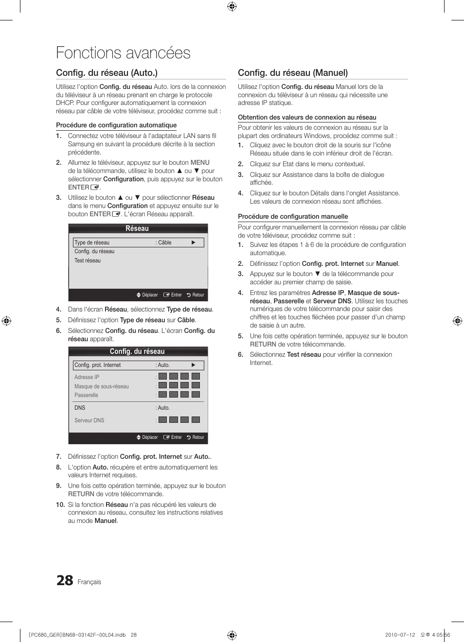 Fonctions avancées, Config. du réseau (auto.), Config. du réseau (manuel) | Samsung PS50C687G5S User Manual | Page 136 / 216