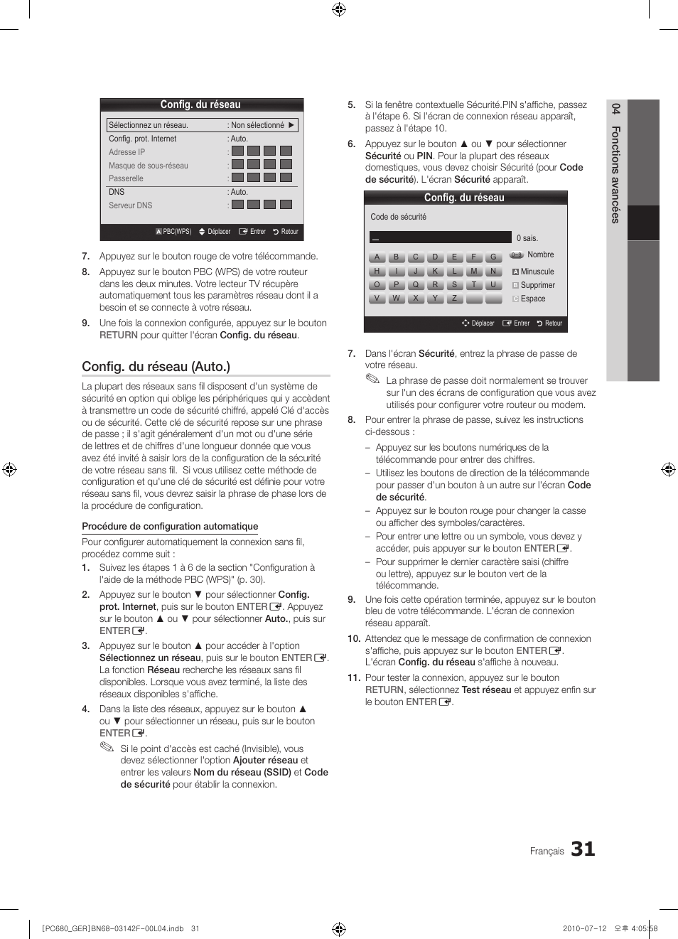Config. du réseau (auto.) | Samsung PS50C687G5S User Manual | Page 139 / 216