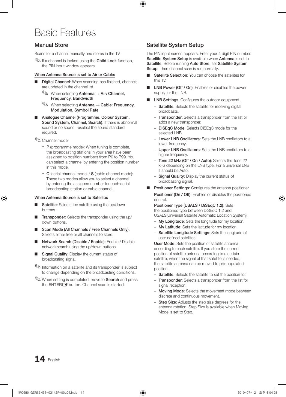 Basic features, Manual store, Satellite system setup | Samsung PS50C687G5S User Manual | Page 14 / 216