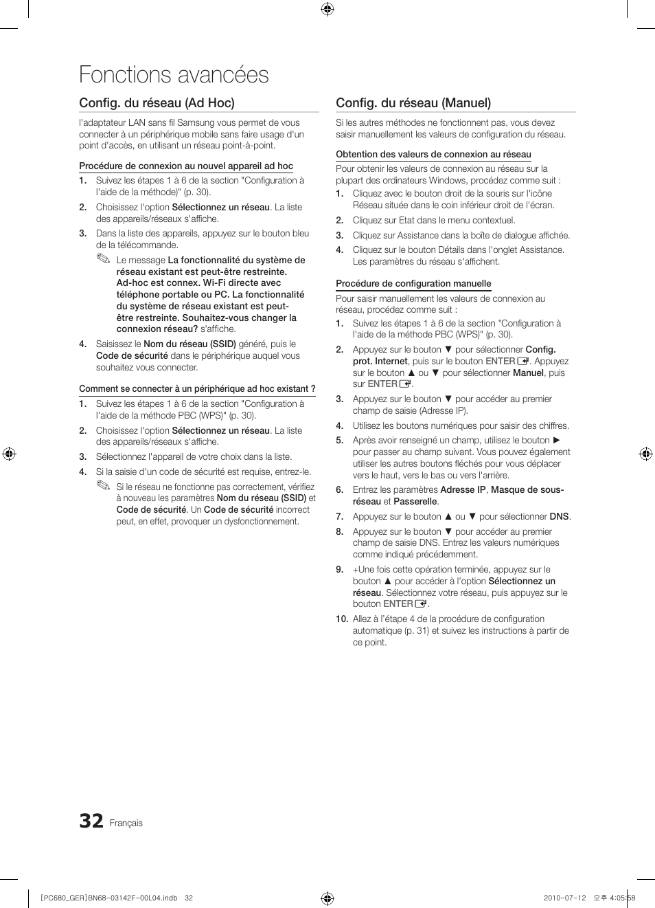 Fonctions avancées, Config. du réseau (ad hoc), Config. du réseau (manuel) | Samsung PS50C687G5S User Manual | Page 140 / 216
