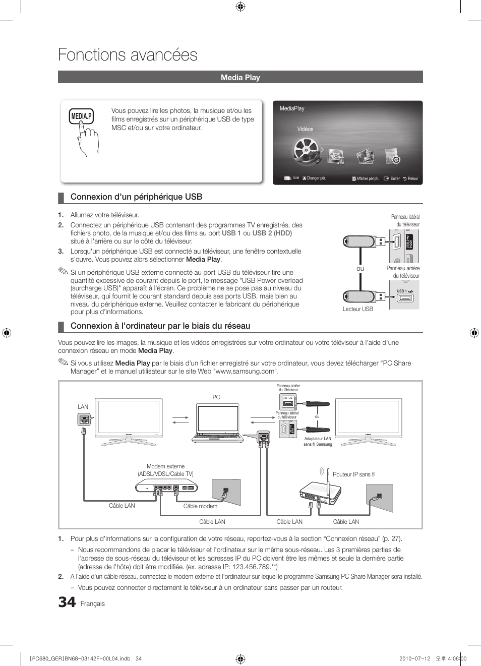 Fonctions avancées, Connexion d'un périphérique usb, Connexion à l'ordinateur par le biais du réseau | Samsung PS50C687G5S User Manual | Page 142 / 216