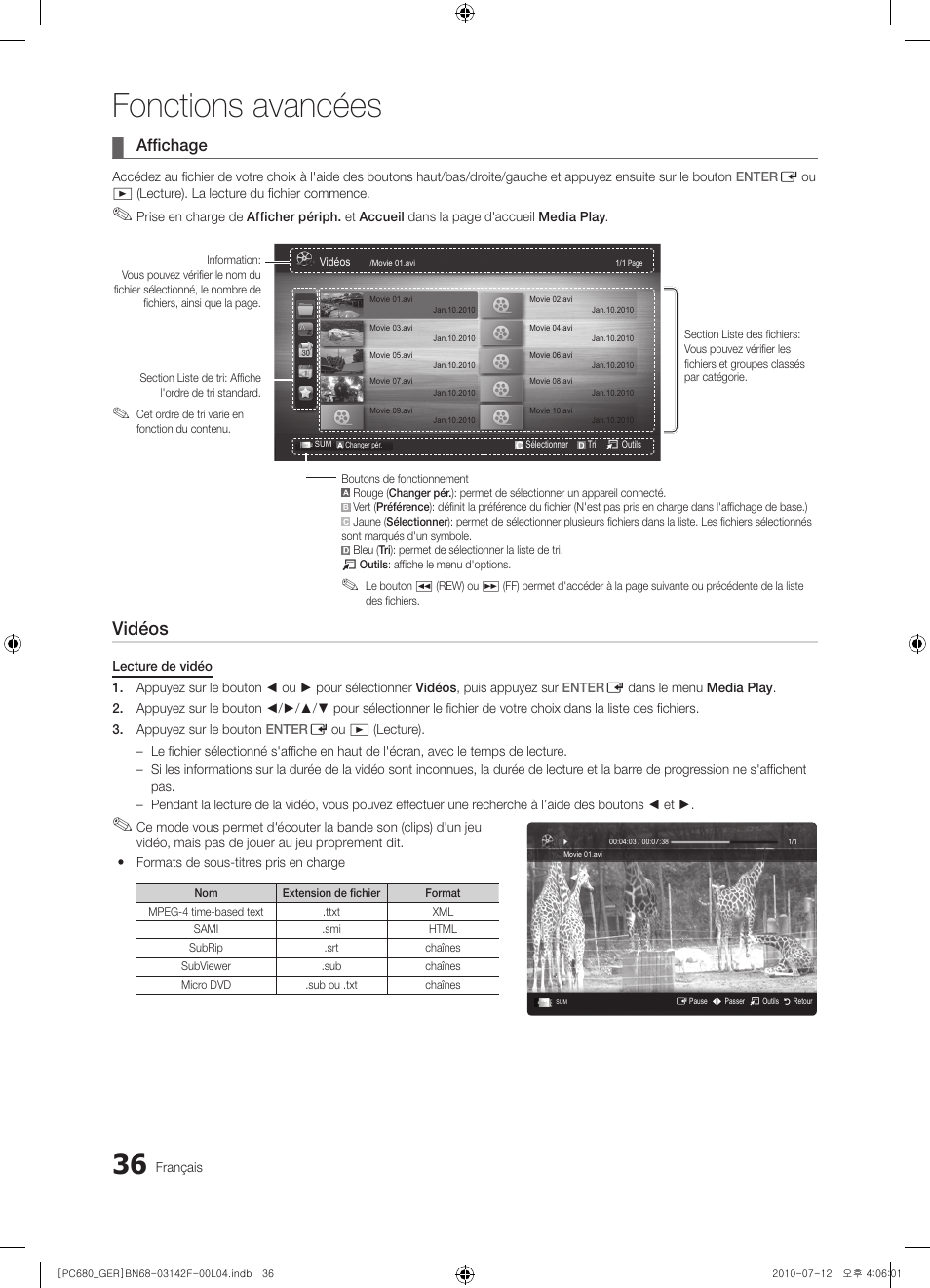 Fonctions avancées, Vidéos, Affichage | Samsung PS50C687G5S User Manual | Page 144 / 216