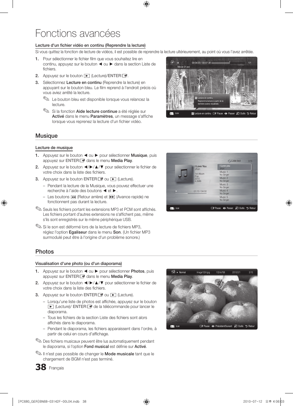 Fonctions avancées, Musique, Photos | Samsung PS50C687G5S User Manual | Page 146 / 216