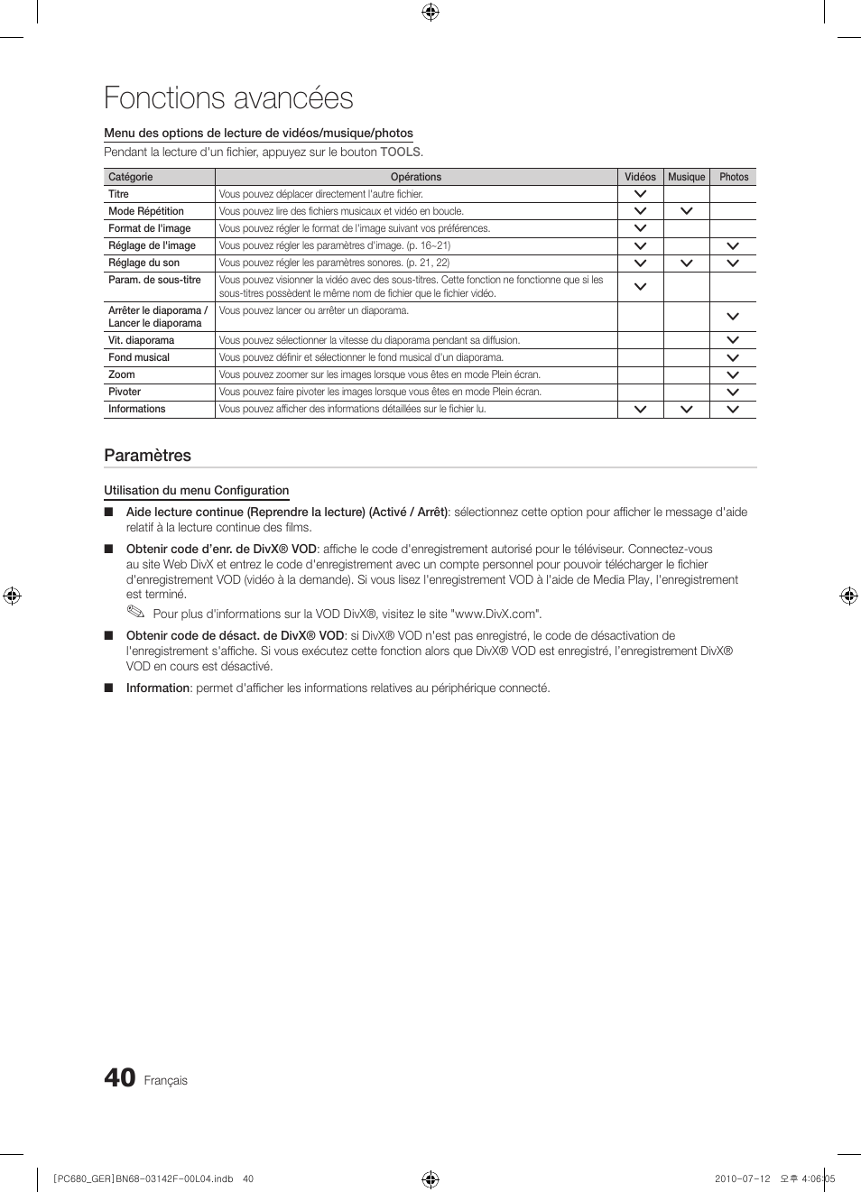Fonctions avancées, Paramètres | Samsung PS50C687G5S User Manual | Page 148 / 216