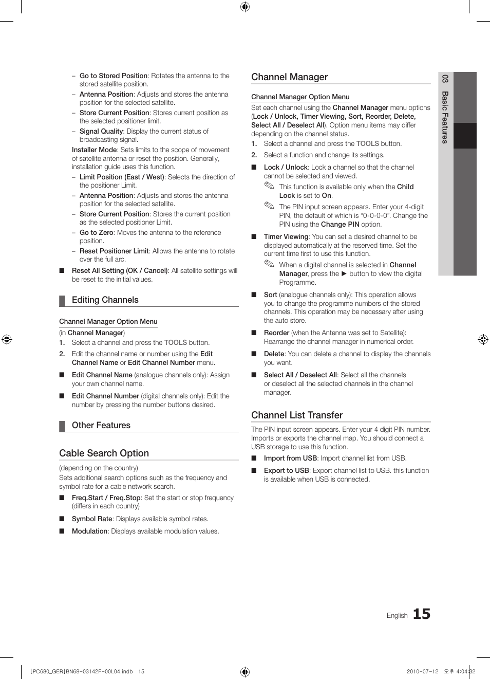 Cable search option, Channel manager, Channel list transfer | Samsung PS50C687G5S User Manual | Page 15 / 216