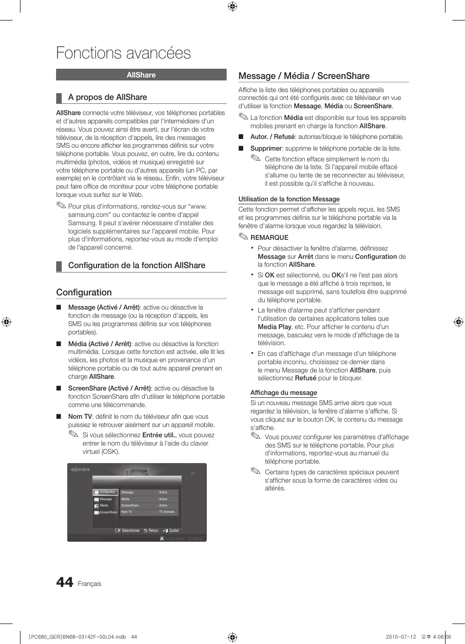 Fonctions avancées, Configuration, Message / média / screenshare | Samsung PS50C687G5S User Manual | Page 152 / 216