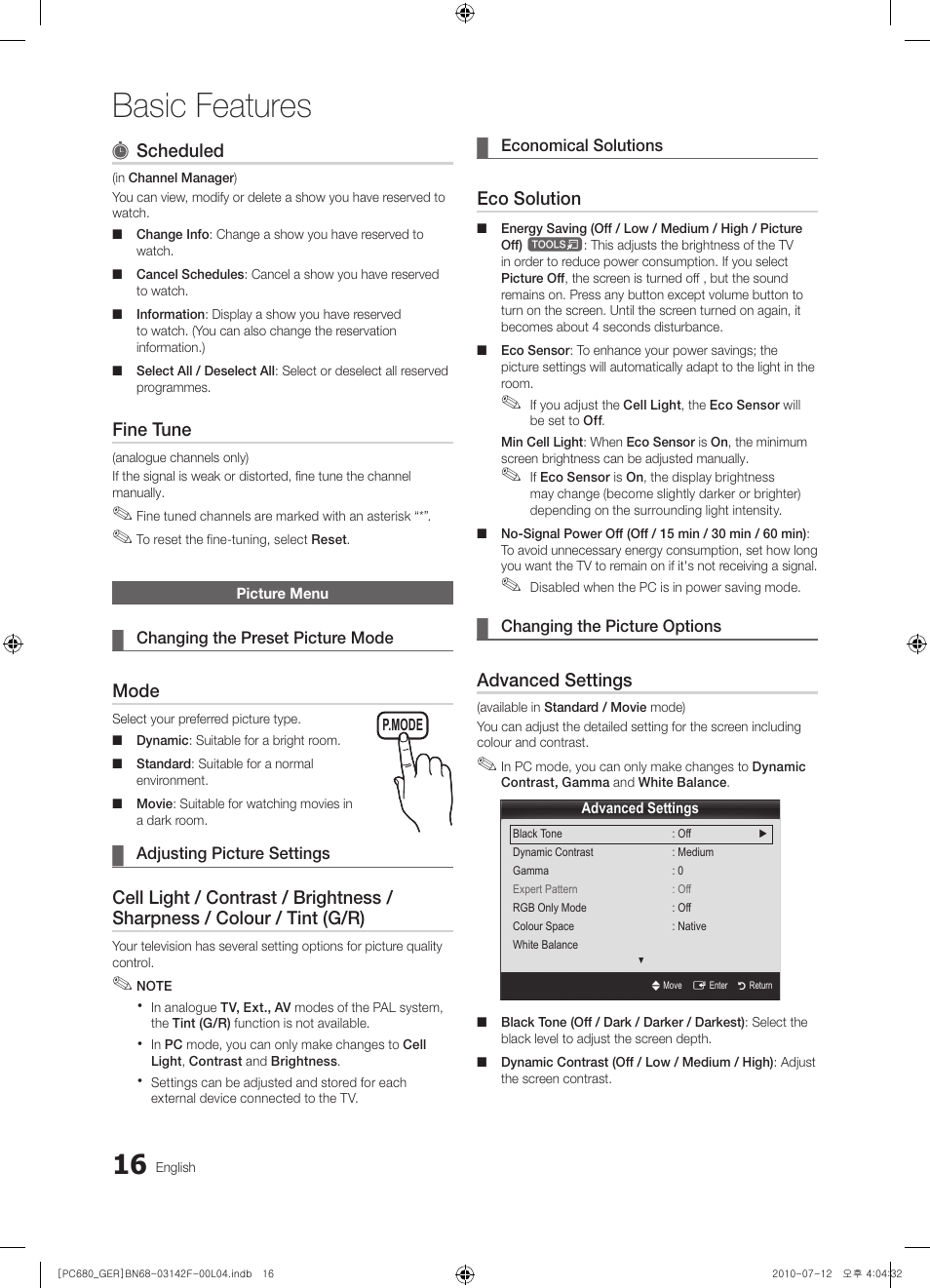 Basic features, Scheduled, Fine tune | Mode, Eco solution, Advanced settings | Samsung PS50C687G5S User Manual | Page 16 / 216