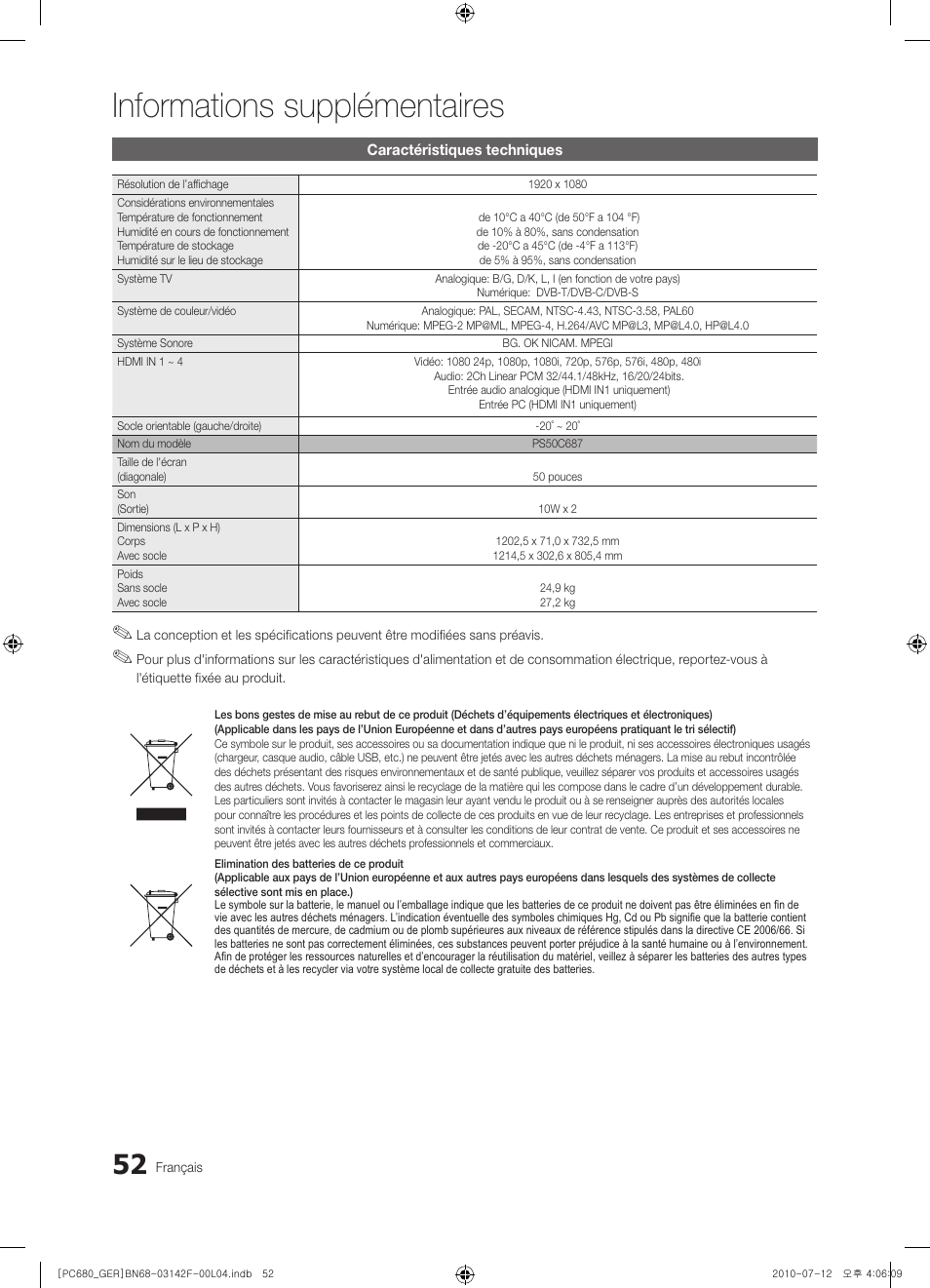 Informations supplémentaires | Samsung PS50C687G5S User Manual | Page 160 / 216