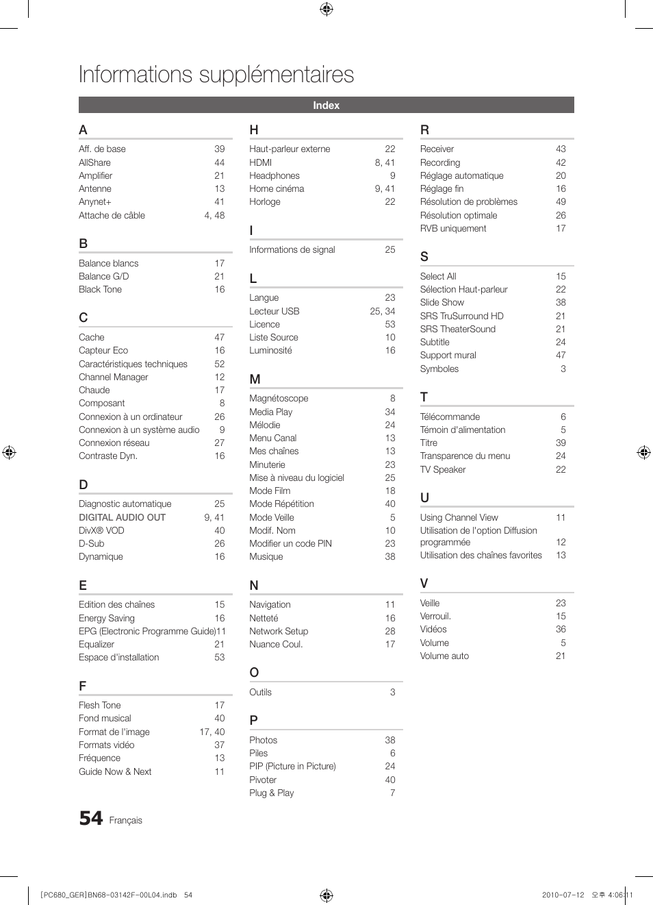 Informations supplémentaires | Samsung PS50C687G5S User Manual | Page 162 / 216