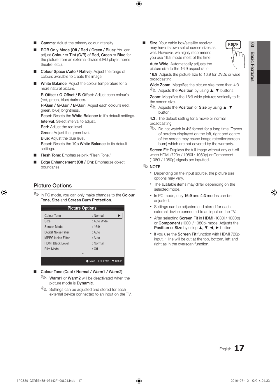 Picture options | Samsung PS50C687G5S User Manual | Page 17 / 216