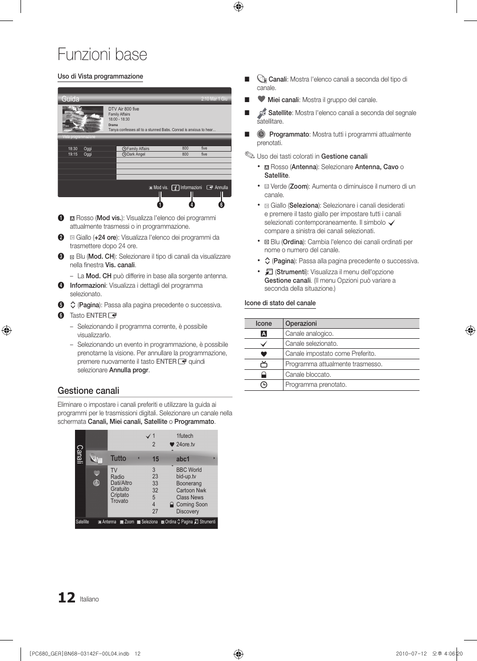 Funzioni base, Gestione canali | Samsung PS50C687G5S User Manual | Page 174 / 216