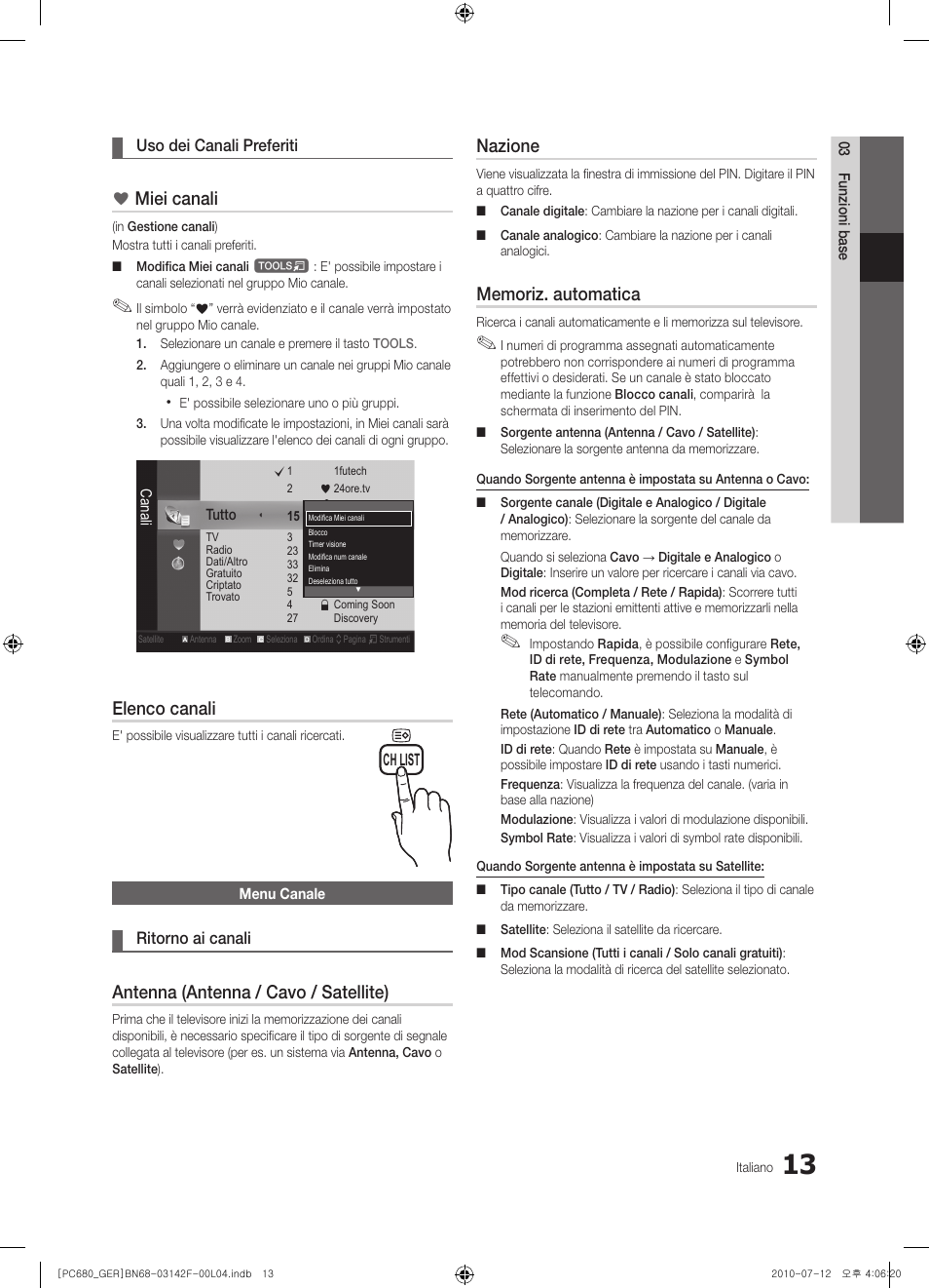 Miei canali, Elenco canali, Antenna (antenna / cavo / satellite) | Nazione | Samsung PS50C687G5S User Manual | Page 175 / 216