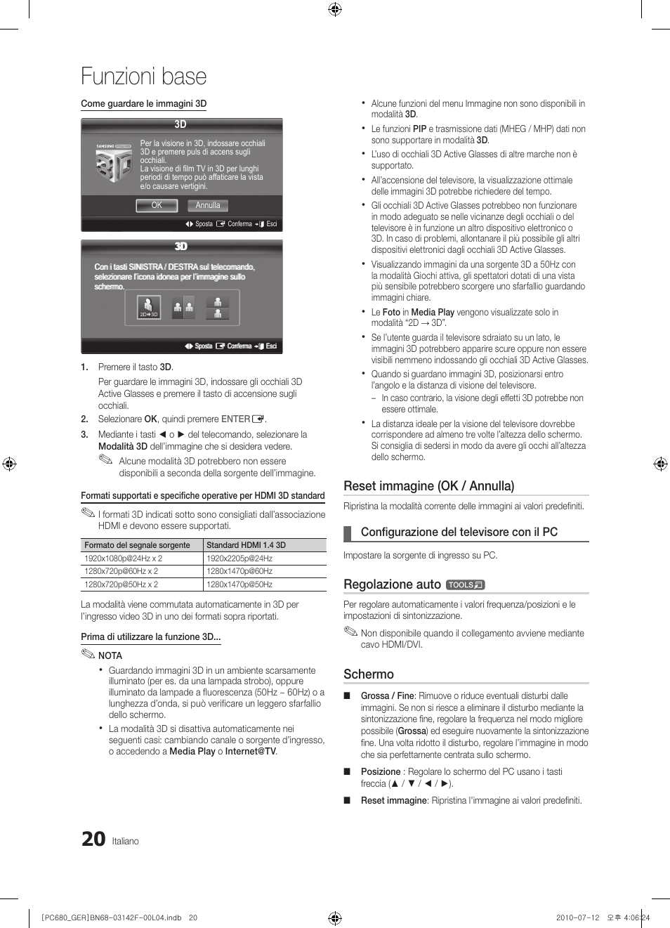 Funzioni base, Reset immagine (ok / annulla), Regolazione auto | Schermo | Samsung PS50C687G5S User Manual | Page 182 / 216