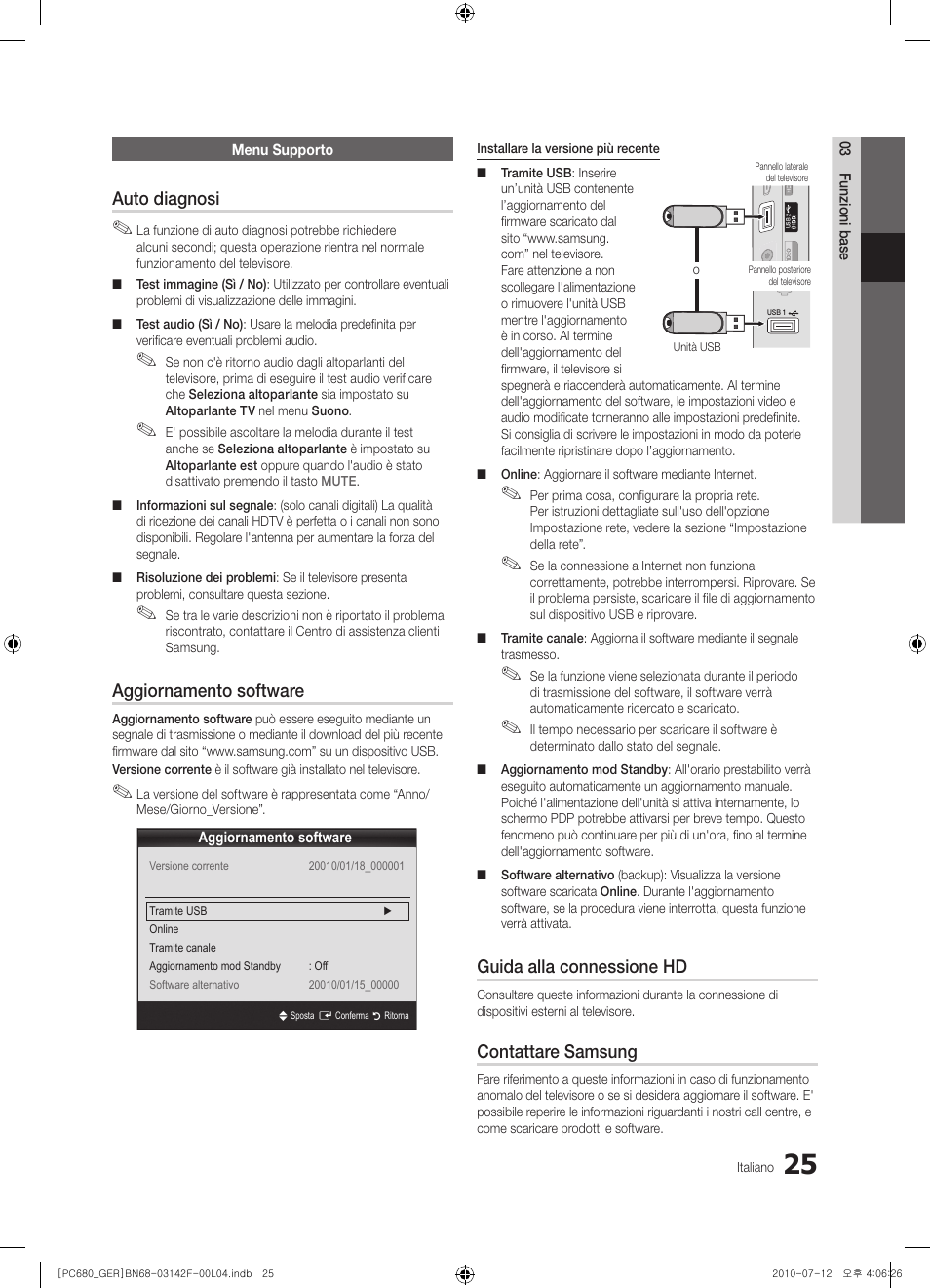 Auto diagnosi, Aggiornamento software, Guida alla connessione hd | Contattare samsung | Samsung PS50C687G5S User Manual | Page 187 / 216