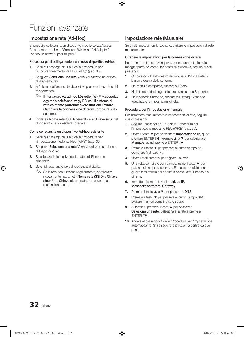 Funzioni avanzate, Impostazione rete (ad-hoc), Impostazione rete (manuale) | Samsung PS50C687G5S User Manual | Page 194 / 216