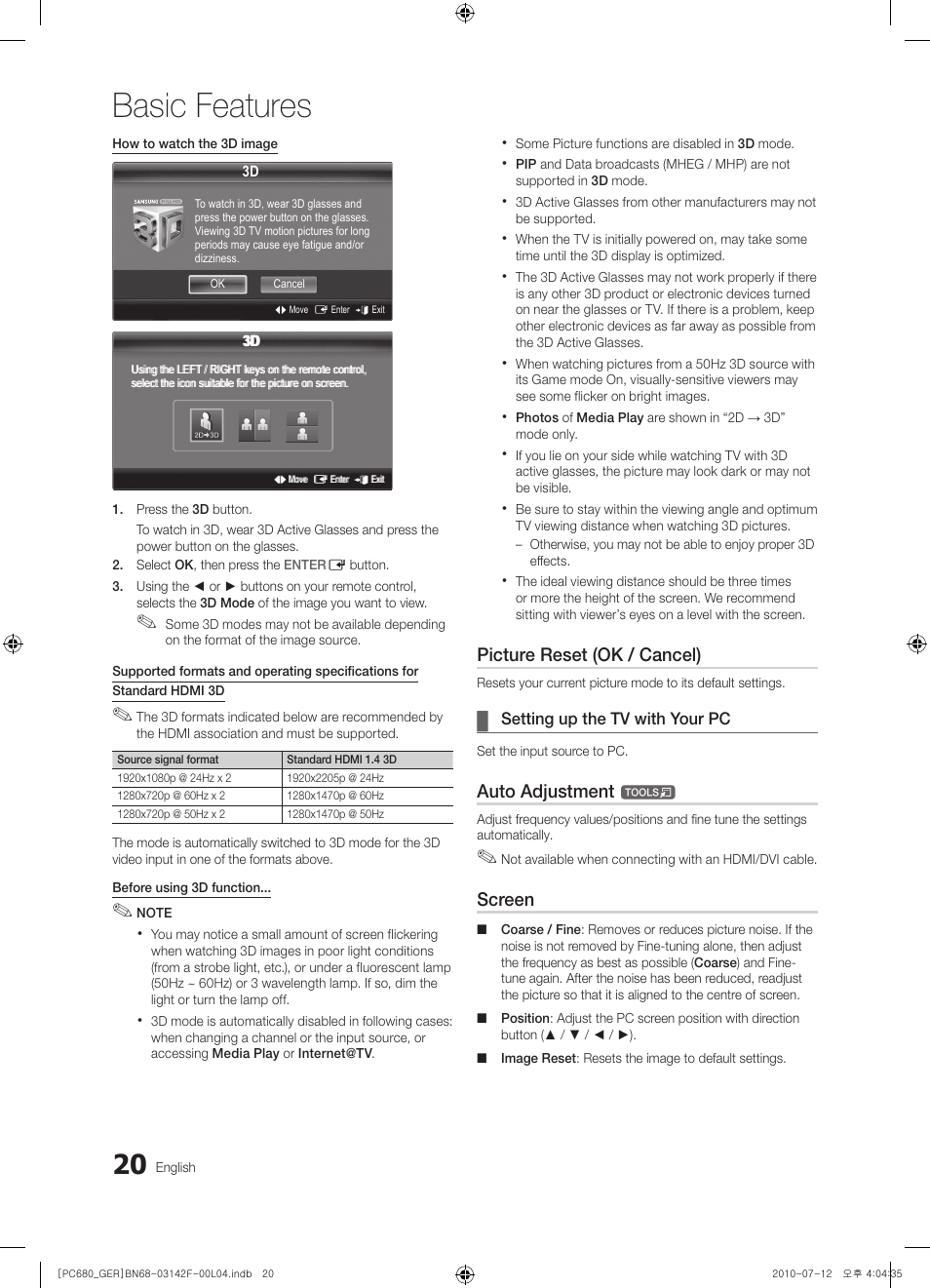 Basic features, Picture reset (ok / cancel), Auto adjustment | Screen | Samsung PS50C687G5S User Manual | Page 20 / 216