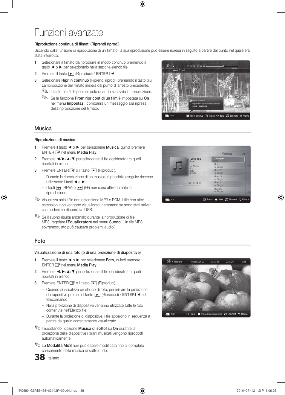 Funzioni avanzate, Musica, Foto | Samsung PS50C687G5S User Manual | Page 200 / 216